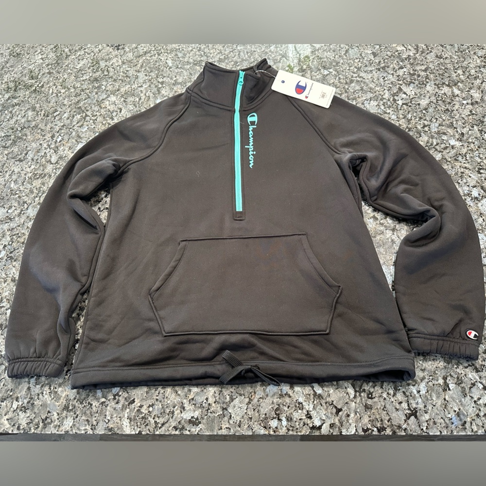Champion Black pullover with Teal Zipper and details